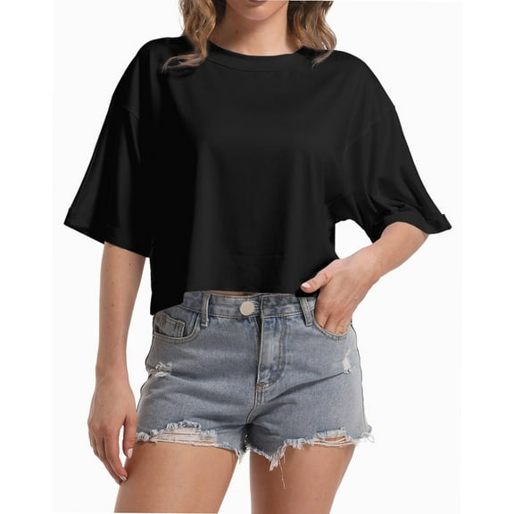 Women's Loose Fit Crop Top T-Shirt - Soft Comfortable Short Sleeve Tee for Workout/ Gym/ Casual Wear