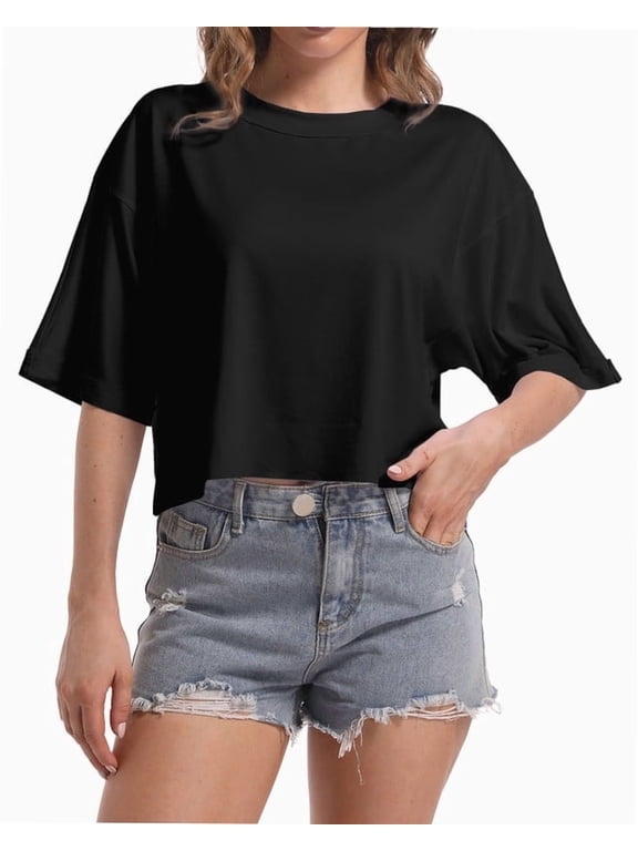 Women's Loose Fit Crop Top T-Shirt - Soft Comfortable Short Sleeve Tee for Workout/ Gym/ Casual Wear