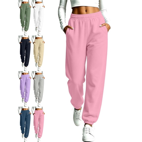 Women's Loose Fit Cuffed Sweatpants Elastic Waist Ribbed Cuffed Ankle Tapered Casual Athletic Workout Lounge Fall Winter Everyday Pants with Pockets
