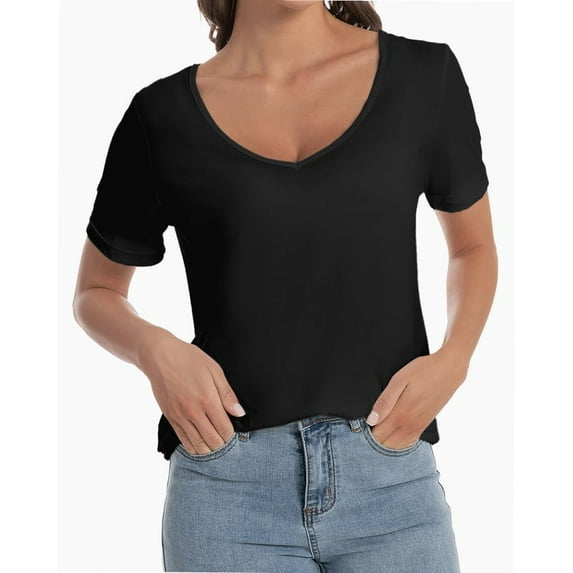 Women's Lightweight Short Sleeve V-Neck T-Shirt - Loose Fit Casual Summer Top