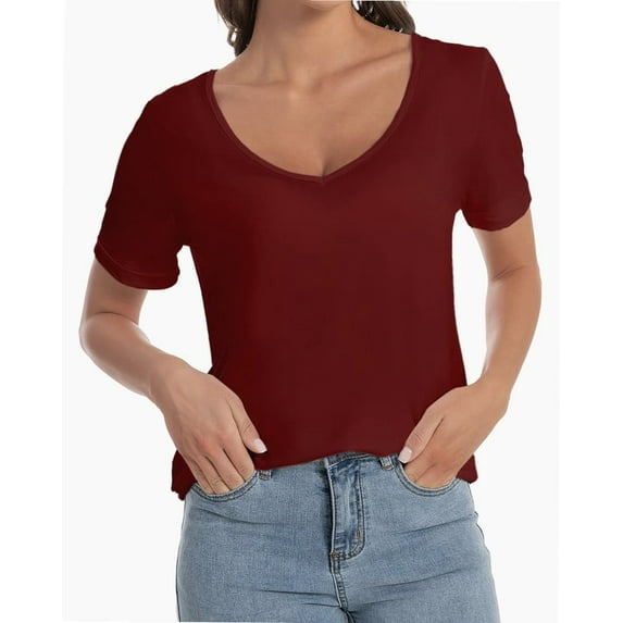 Women's Lightweight Short Sleeve V-Neck T-Shirt - Loose Fit Casual Summer Top