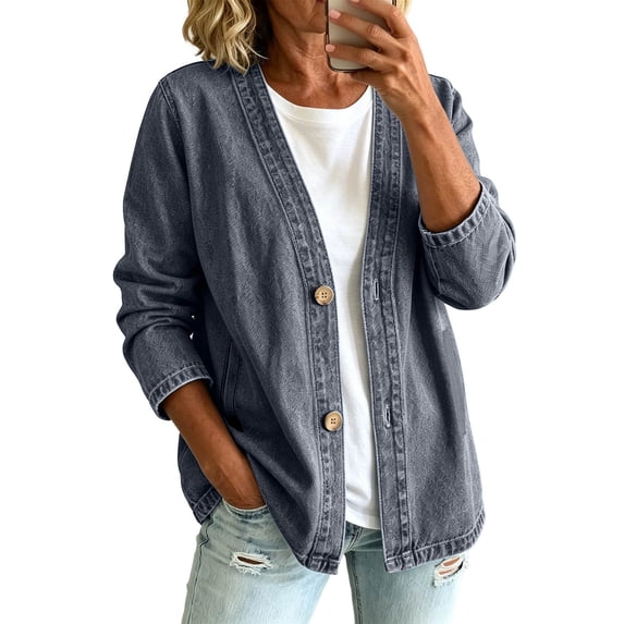 Denim Jacket for Women Classic Button Front Breathable Stretch Lightweight Casual Long Sleeve Loose Jean Jacket Coats with Pockets for Everyday Wear