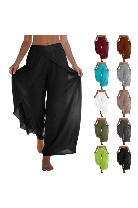 Women's Loose Fit Double Layered Side Slit Pants for Dance Training Army Green S