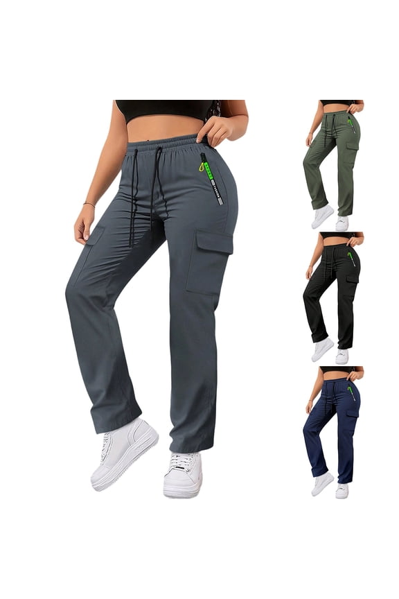 Women's Loose Fit Drawstring Work Pants with Zipper Pockets, Mid Waisted Functional Utility Casual Trousers, Lightweight Polyester Travel Hiking Outdoor Daily Wear Long | TruBelle,Army Green L