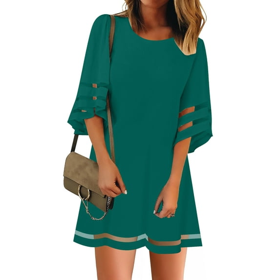 Women's Loose Fit Dress 3/4 Bell Sleeve Casual Tunic Dress Size 2XL Evergreen