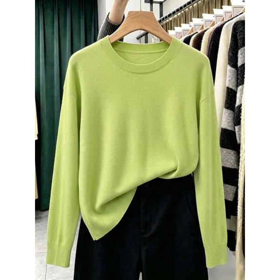 Women's Loose Fit Drop Shoulder Sweater Round Neck Long Sleeve Knit Pullover with