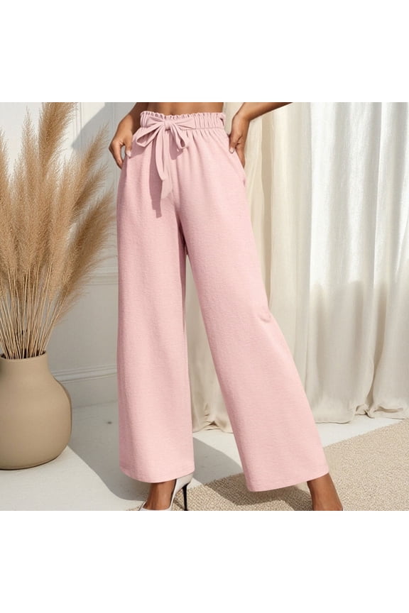 Women's Loose Fit Elastic Waist Pocket Pants Trousers Slacks Casual Solid Color Bandage Bottoms Lounge Wear Travel Essentials for Women | Aestivo,Pink L
