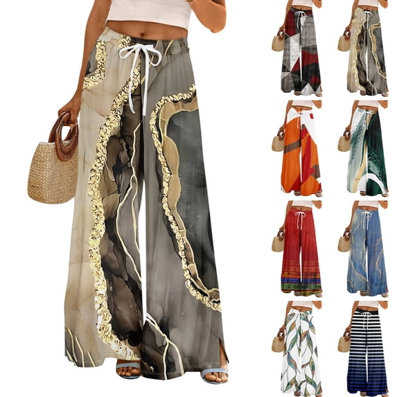 Women’s Loose Fit Geometric Print Wide Leg Pants with Elastic Drawstring Waist and Functional Pockets for Summer Casual Wear Dark Gray M
