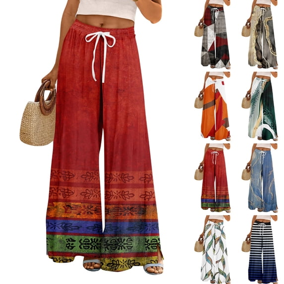 Women’s Loose Fit Geometric Print Wide Leg Pants with Elastic Drawstring Waist and Functional Pockets for Summer Casual Wear Deep Red L