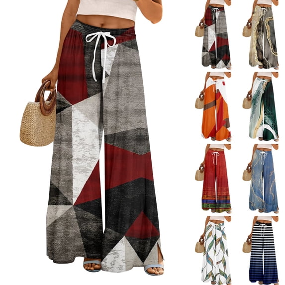 Women’s Loose Fit Geometric Print Wide Leg Pants with Elastic Drawstring Waist and Functional Pockets for Summer Casual Wear Wine 2XL