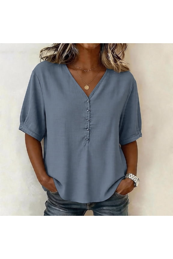 Women's Loose Fit Half-Sleeve Pullover Blouse, Casual Spring Summer Top, Basic Everyday Shirt for Daily Wear, Comfortable Standard Style T-Shirt for Home and Outdoor Use,Blue,L