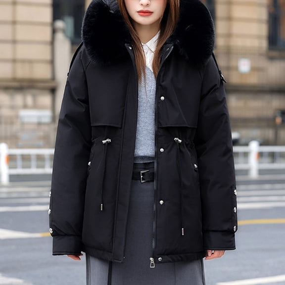 Women's Loose Fit Hooded Puffer Coat, Adjustable Drawstring Waist Jacket, Faux Fur Trim Parka, Warm Winter Parka, Fleece Lined Outerwear, Casual Winter Coat Black L