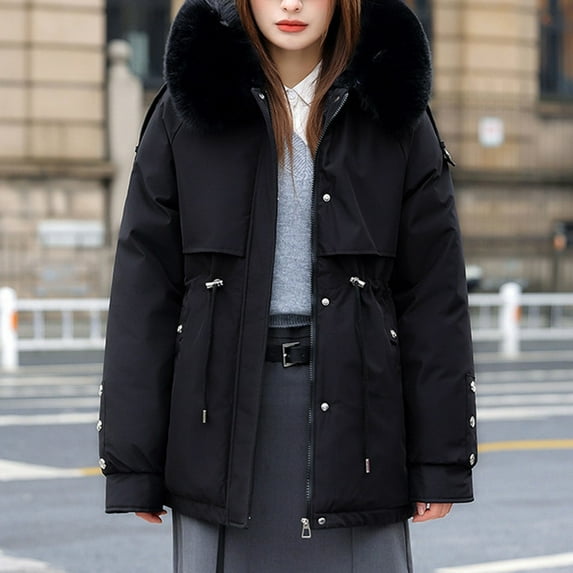 Women's Loose Fit Hooded Puffer Coat, Adjustable Drawstring Waist Jacket, Faux Fur Trim Parka, Warm Winter Parka, Fleece Lined Outerwear, Casual Winter Coat Black M