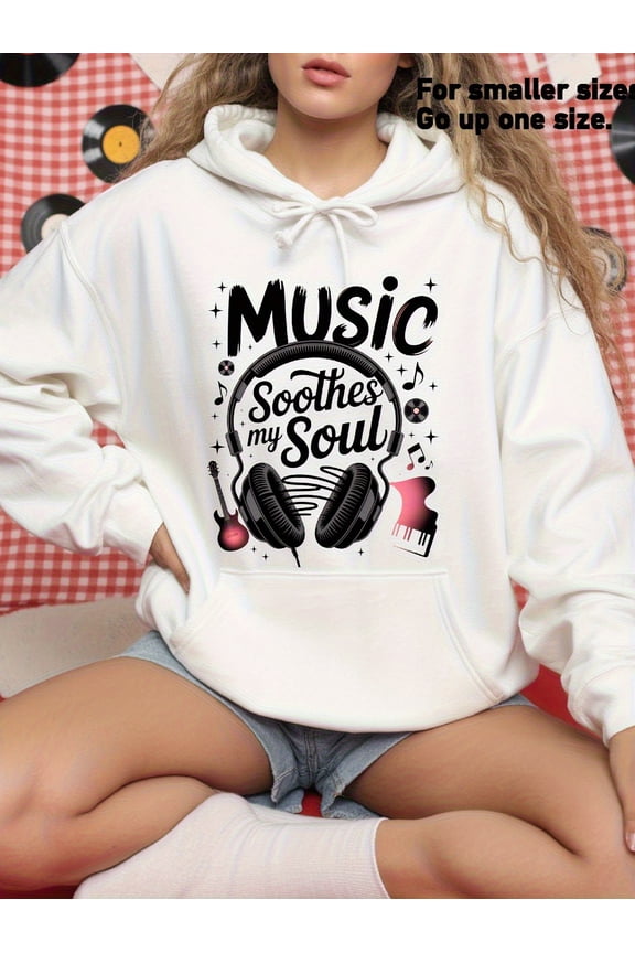 Women's Loose Fit Hoodie - Black with White Music Graphic Sweatshirt, Kangaroo Pocket Pullover for Concerts, Everyday Streetwear - Machine Washable Apparel for Music Lovers Gift, Casual Clothing, Tre