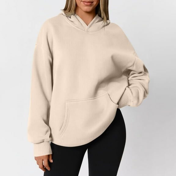 Women's Loose Fit Hoodie – Casual Long Sleeve Solid Color Sweatshirt with Classic Hood Design Khaki