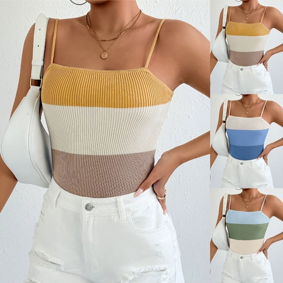 Women's Loose Fit Knitted Color Block Short Sleeveless Camisole Tank Base | CSEONE,Green S