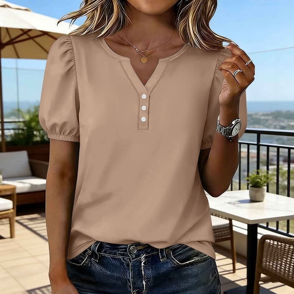 Women's Loose-Fit Linen Button-Up Shirt with Short Sleeves and Round Neck