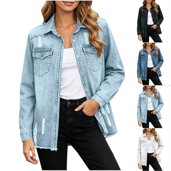 Women's Loose Fit Long Sleeve Button Lapel Pocket Cowboy Tops Solid Color Blouse Comfy Casual Daily Wear Weekend Outfits | CSEONE,Light Blue M