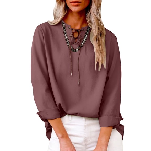 Women's Loose Fit Long Sleeve Casual Shirt, Soft Breathable Knit Top with Collar Design, Solid Color Blouse for All Seasons Wear Brick Red XXL