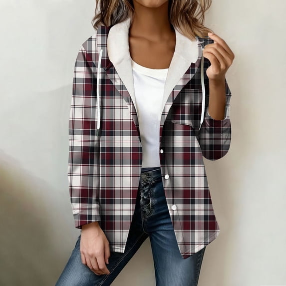 Women's Loose Fit Long Sleeve Hooded Zipper Plaid Coat Pocket Top Casual Hoodie Warm Cozy Fall Winter Outfits | CSEONE,Gray L