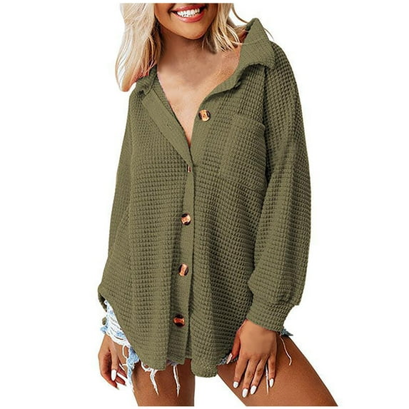 Women's Loose Fit Long Sleeve Knit Button Down Shirt Shacket Tops Solid Color Lapel Chest Pocketed Blouse Coat