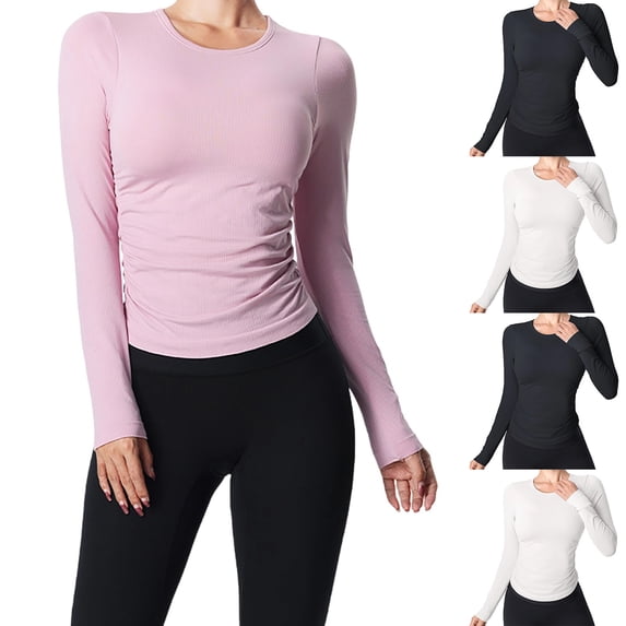 Women's Loose Fit Long Sleeve Side Pleated Solid Color Sports Top With Chest Cushion Yoga Pilates Fitness Tops Versatile Comfy Breathable Casual Daily Wear Workout | CSEONE,Black L