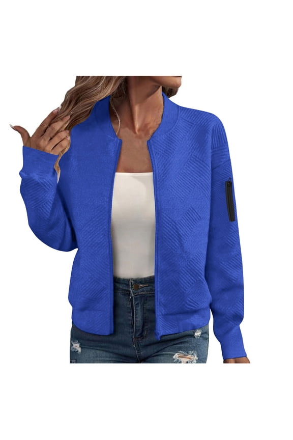 Women's Loose Fit Long Sleeve Zipper Jacket Sweatshirt Pullover Top Casual Coarse Knitted Baseball Style Outerwear Solid Color Streetwear Loungewear Travel Perfect | CSEONE,Blue L
