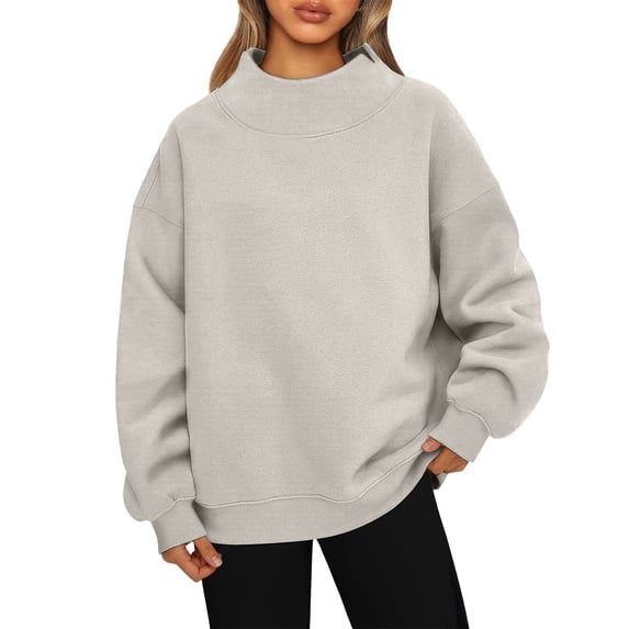 Women’s Loose Fit Mock Neck Pullover Sweatshirt Long Sleeve Drop Shoulder Casual Solid Oversized Top for Everyday Wear Khaki S
