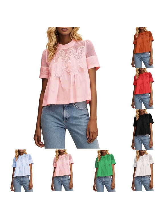 Women's Loose Fit Mock Neck Short Sleeve Embroidered Crochet Mesh Blouse Peplum Hem Top Casual Cute Trendy Outfits | CSEONE,Black L