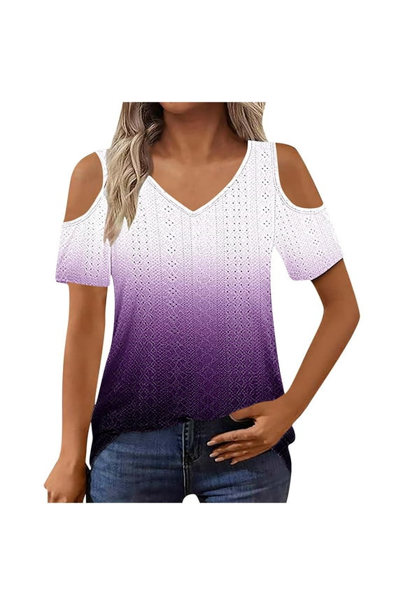 Women's Loose Fit Off Shoulder V-Neck Short Sleeve Casual Summer Top