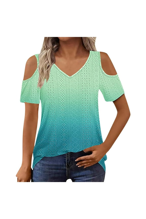 Women's Loose Fit Off Shoulder V-Neck Short Sleeve Casual Summer Top