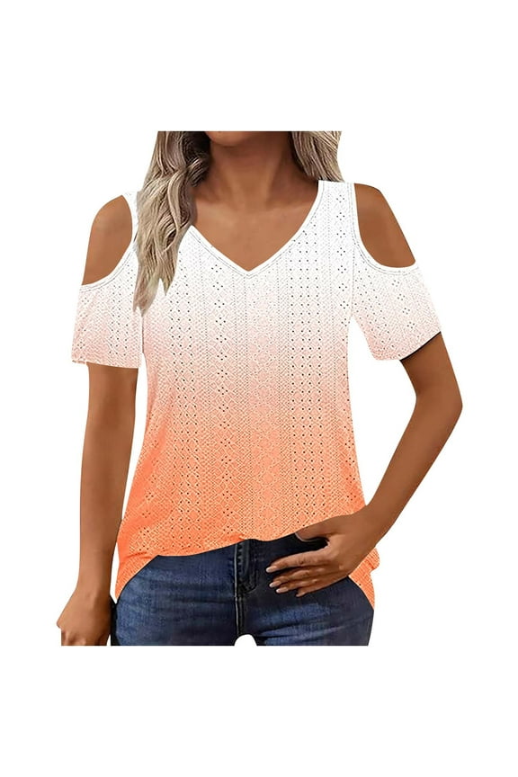 Women's Loose Fit Off Shoulder V-Neck Short Sleeve Casual Summer Top