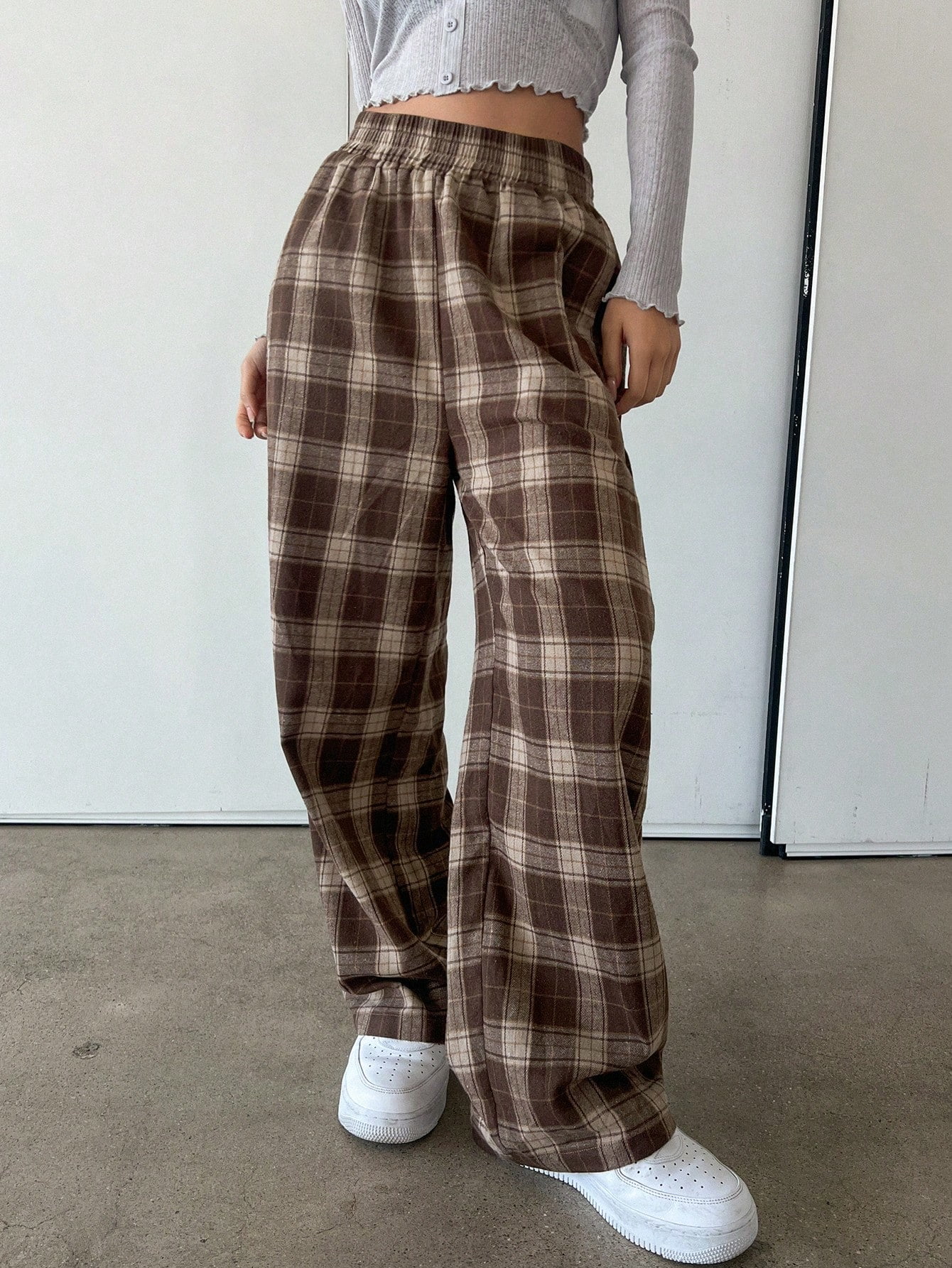 Women s Loose Fit Plaid Elastic Waist Long Casual Pants Walmart
