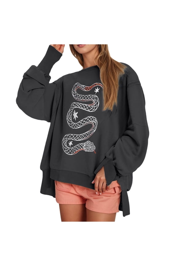 Women's Loose Fit Pullover Casual Sweatshirt Crew Neck Puff Long Sleeve T-Shirts With Snake Printed Work Tops 2025 Fall Winter Clothes (B-Black, M)