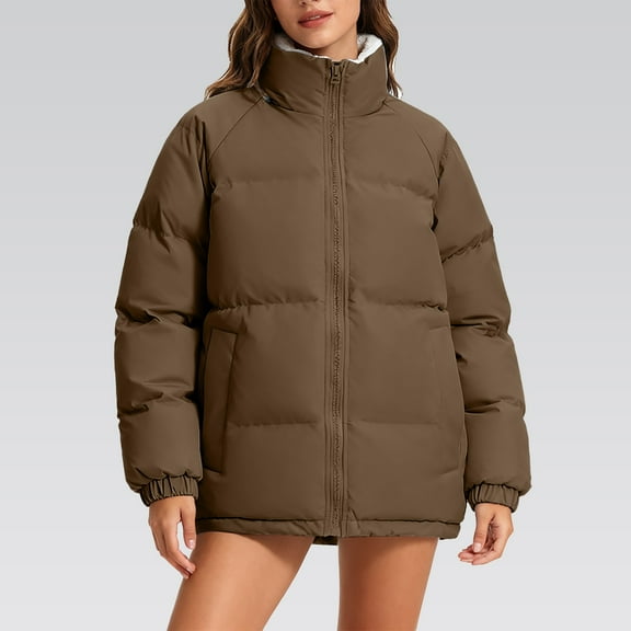 Women's Loose Fit Quilted Jacket, Fleece Lined Thickened Stand Collar Coat, Soft Woven Material Outerwear, Comfortable Casual Daily Wear, Fashionable Winter Jacket for Women Coffee S
