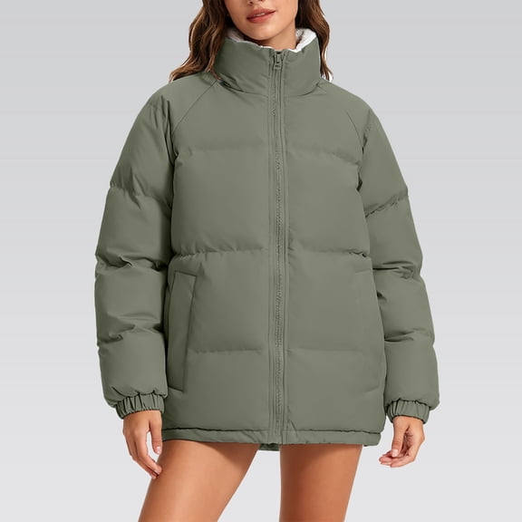 Women's Loose Fit Quilted Jacket, Fleece Lined Thickened Stand Collar Coat, Soft Woven Material Outerwear, Comfortable Casual Daily Wear, Fashionable Winter Jacket for Women Green S