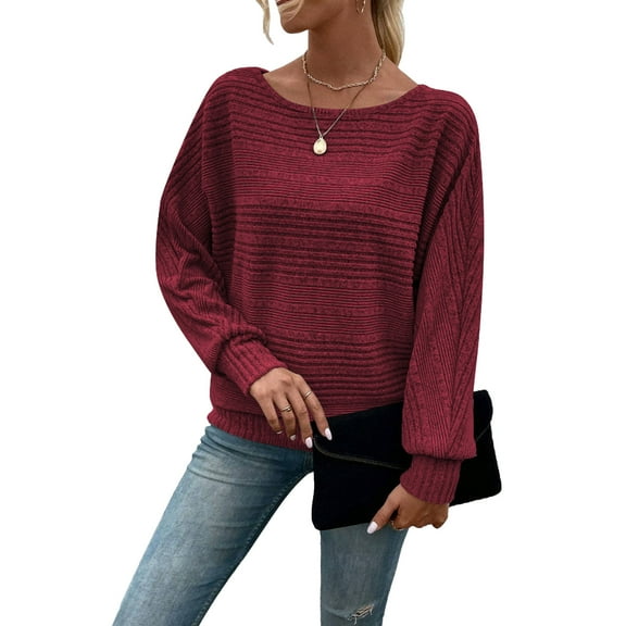 Women's Loose Fit Ribbed Knit Top Elastic Batwings Sleeve Design Breathable Long Sleeve Sweater Solid Color Lightweight