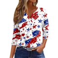 thumbnail image 1 of Women's Loose Fit Round Neck 3/4 Sleeve T-Shirt, Independence Day Graphic Print Casual Top for Casual Fridays, Eco-Friendly Dye Process,Vermilion M, 1 of 5