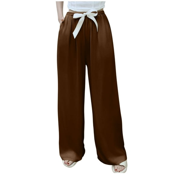 Women's Loose Fit Satin Pleated Wide-Leg Pants Elastic Waist Drawstring Casual Palazzo Trousers with Pockets