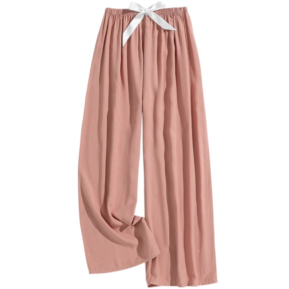Women's Loose Fit Satin Pleated Wide-Leg Pants Elastic Waist Drawstring Casual Palazzo Trousers with Pockets