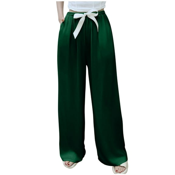 Women's Loose Fit Satin Pleated Wide-Leg Pants Elastic Waist Drawstring Casual Palazzo Trousers with Pockets