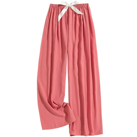 Women's Loose Fit Satin Pleated Wide-Leg Pants Elastic Waist Drawstring Casual Palazzo Trousers with Pockets