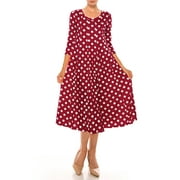 MOA COLLECTION Women's Loose Fit Scoop Neck 3/4 Sleeve Polka Dot Patterned A-Line Midi Dress