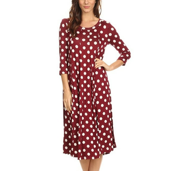 Women's Loose Fit Scoop Neck 3/4 Sleeve Polka Dot Patterned A-Line Midi Dress