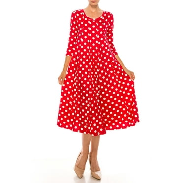 Moa Collection Women's Loose Fit Scoop Neck 3/4 Sleeve Polka Dot Patterned A-Line Midi Dress