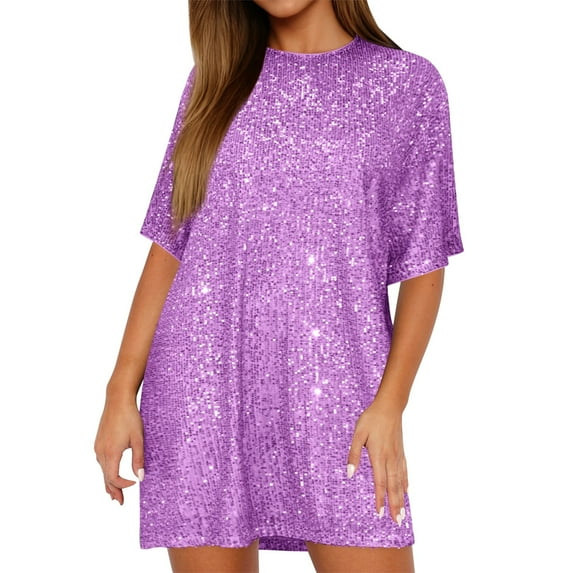 Women's Loose Fit Sequin Mini Dress, Crew Neck Front Deep V Back Sparkly Party Dress, Relaxed Fit Glitter Dress for Club Night Out Purple L