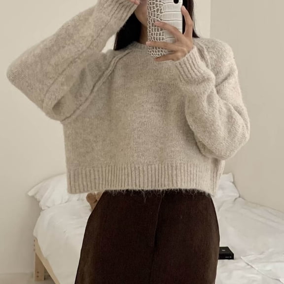 Women's Loose Fit Short Knit Sweater Cozy Round Neck Basic Top Lightweight Pullover For Layering Mens Christmas Sweater Sweatshirts Retro Half Zip Fuzzy Pullover Gab Hoodie Long Sleeve Pullover for