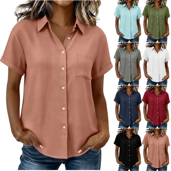 Women's Loose Fit Short Sleeve Button Down Collared Pocket Blouses Shirts Casual Tops Comfy Lightweight Work Office Summer Outfits | CSEONE,Red L
