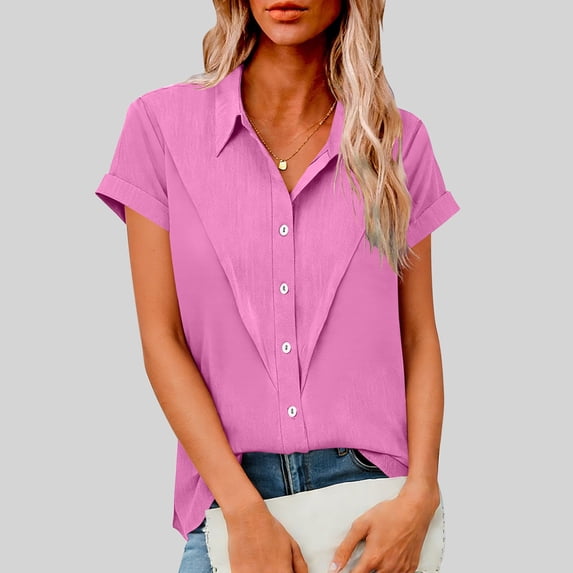 Women's Loose Fit Short Sleeve Button Down Tunic Top for Summer
