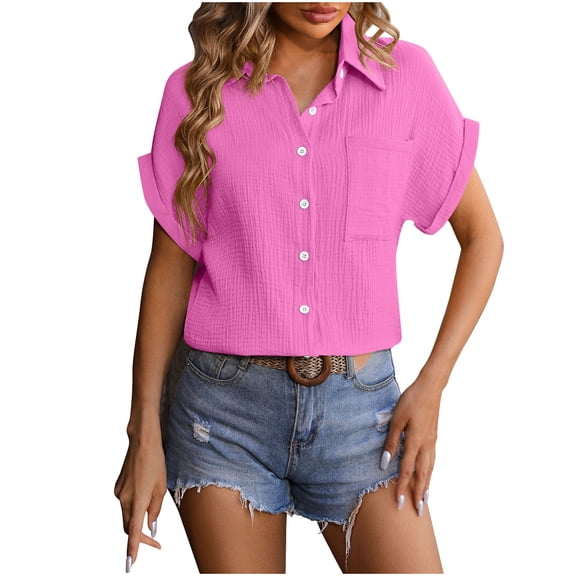 Women's Loose Fit Short Sleeve Button Pocket Shirt, Casual Wrinkled Fabric Top, Comfortable and Relaxed Fit, Breathable V-neck Button-Up Blouse, Perfect for Daily Wear, Available in Multiple Sizes